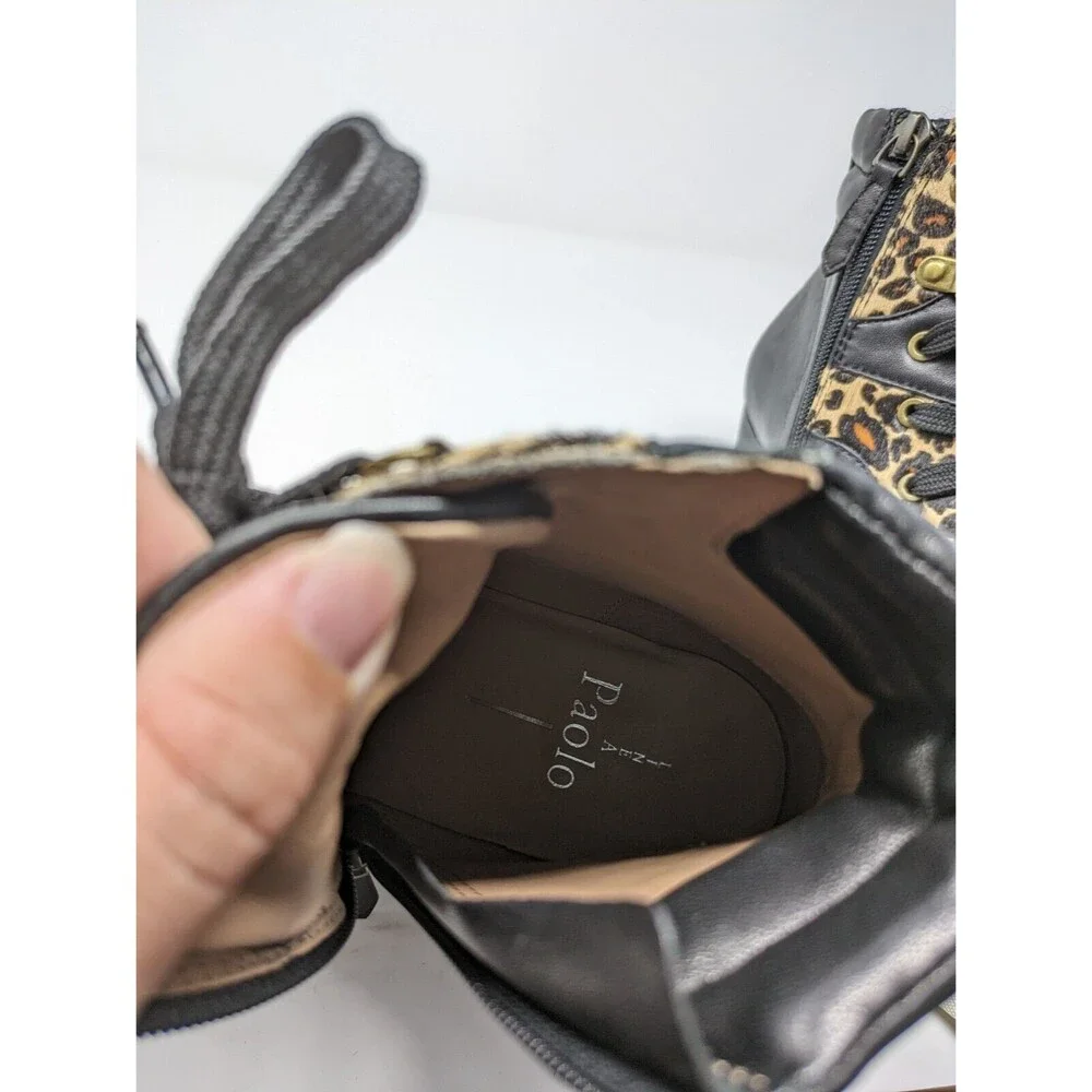 LINEA PAOLO Fleur Wedge Sneakers Leopard Print Calf Hair Leather Black Size 7M